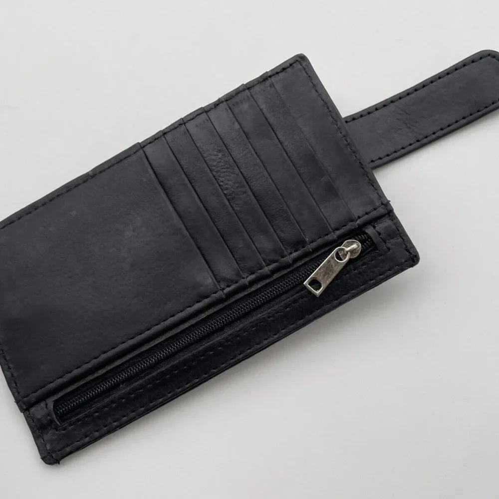 Long Card Holder Billfold Black Genuine Leather Wallet Handmade Coin Purse